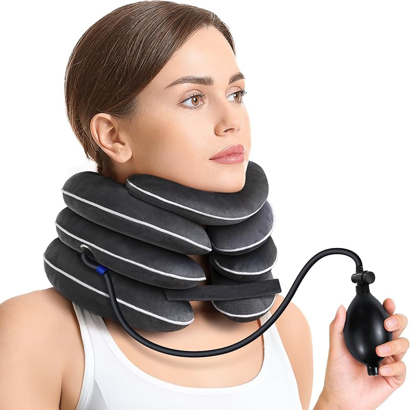 AUVON Inflatable Neck Stretcher with Chin-Up for Effective Neck Pain Relief | Cervical Stretcher with 3-Layer Design in Varying Sizes, Neck Brace Pillow for Neck Support, Decompression Home Use, L Size