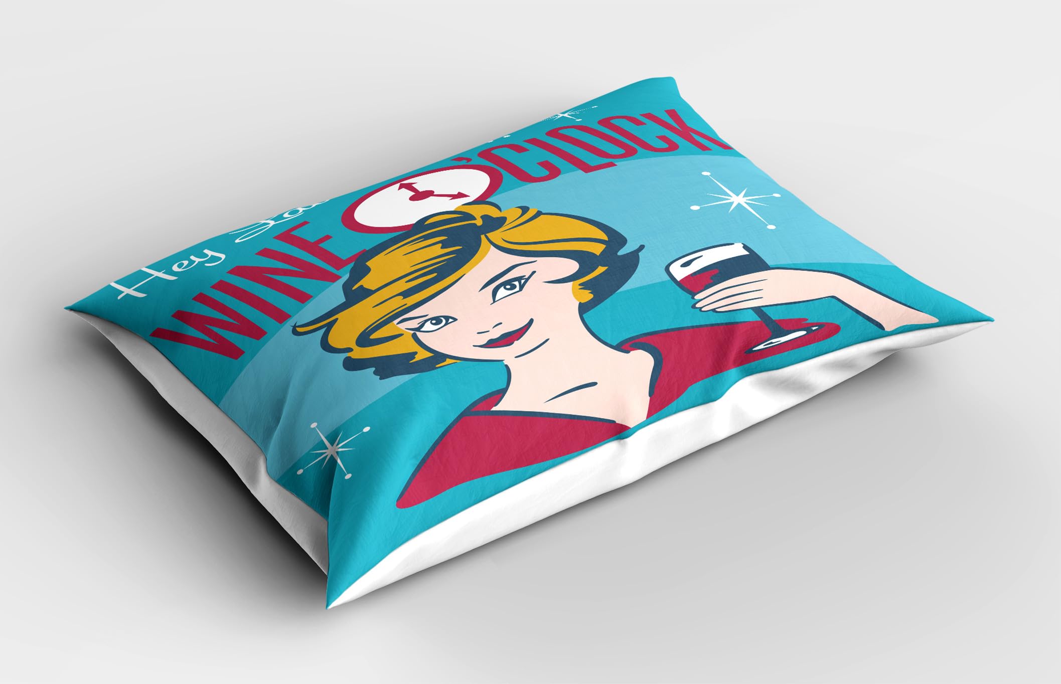 Ambesonne Wine Pillow Sham Set of 2, Ladies It's Wine O'Clock Woman Drinking Portrait Cheers Retro Design, Quality Microfiber Bedding Item for All Seasons, 30