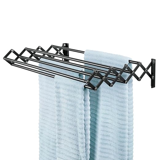 mDesign Steel Wall Mount Accordion Expandable Retractable Clothes Air Drying Rack - 8 Bars for Hanging Garments - Mounted Organizer for Laundry/Utility Room, Bathroom, Garage, Bardo Collection, Black