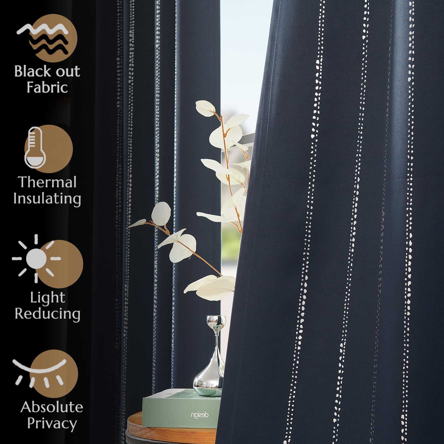 TOPICK Cortinas opacas bohemias con estampado de lunares plateados con trabillas, opacas traseras, cortinas térmicas para habitación de niños, cortinas de ventana, juego de 2 unidades, 132 x 210 cm,