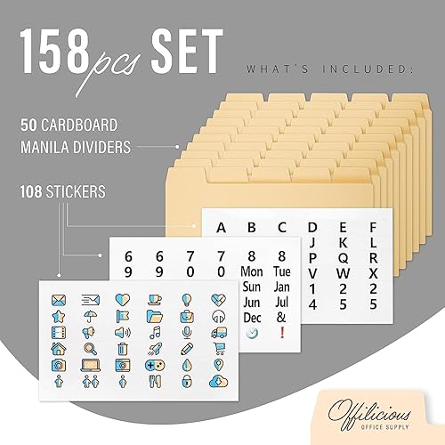 Miniatura 2 de 50 separadores de tarjetas de índice Manila de peso pesado de 3 x 5 con pestañas y calcomanías del alfabeto para tarjetas de recetas