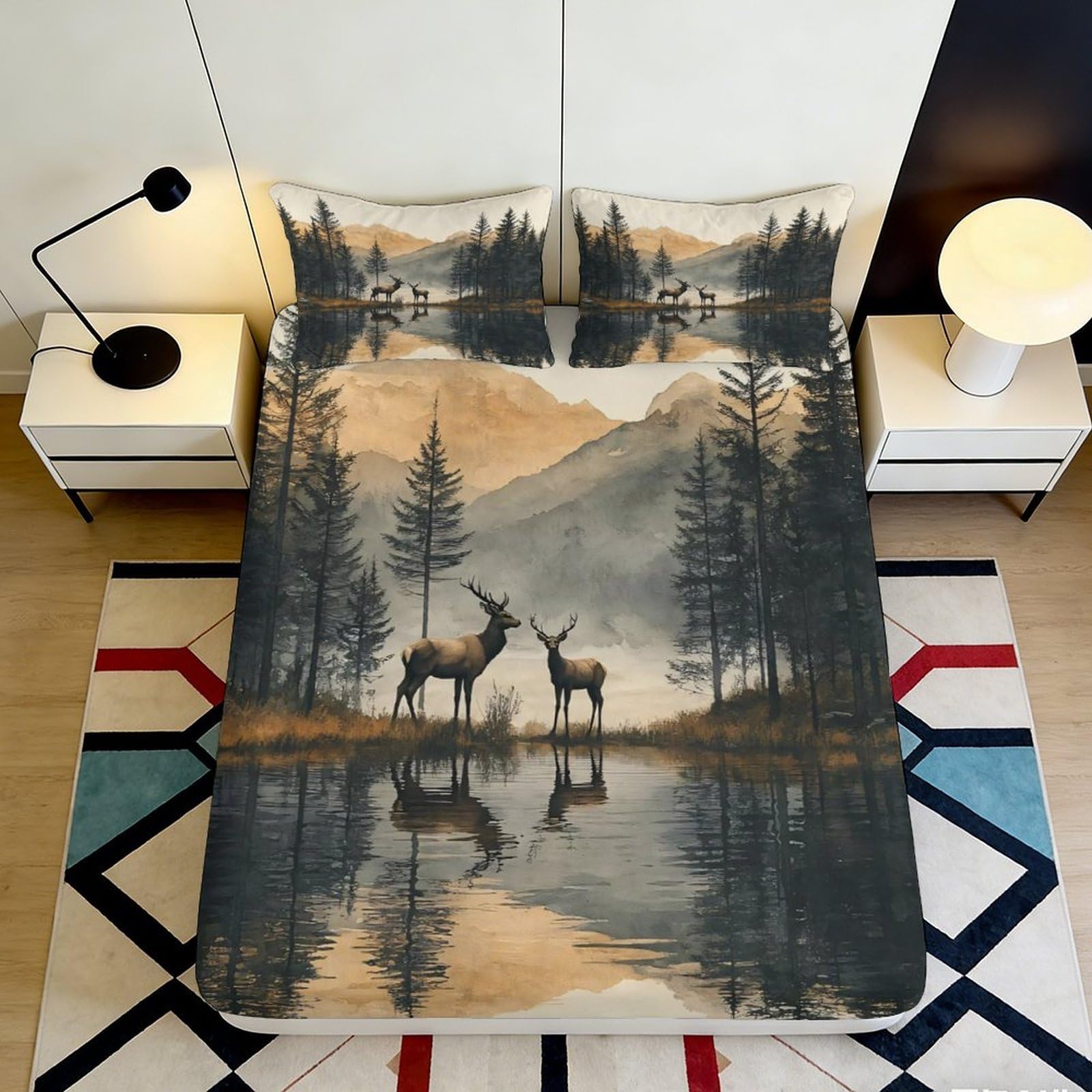 3D Printed Forest Deer Fitted Sheet Microfiber Soft Breathable Mountain Landscape Mattress Cover Bedroom Decor 90x200x25cm