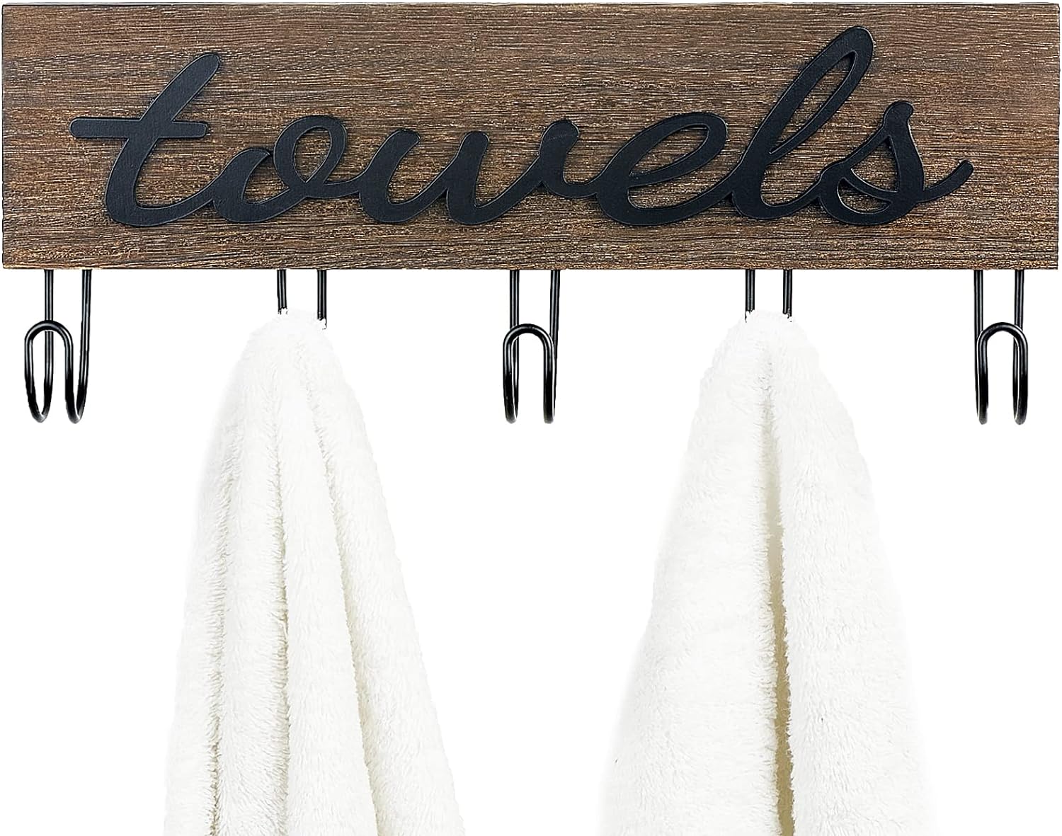 Mkono Towel Holder Wall Mounted Towel Racks for Bathroom Farmhouse Decor Rustic Wood Towel Hooks Hang Towels Bathrobe Coat Clothing 12.6" x 5.2" Bath Towel Hanger Storage Organizer - Image 6