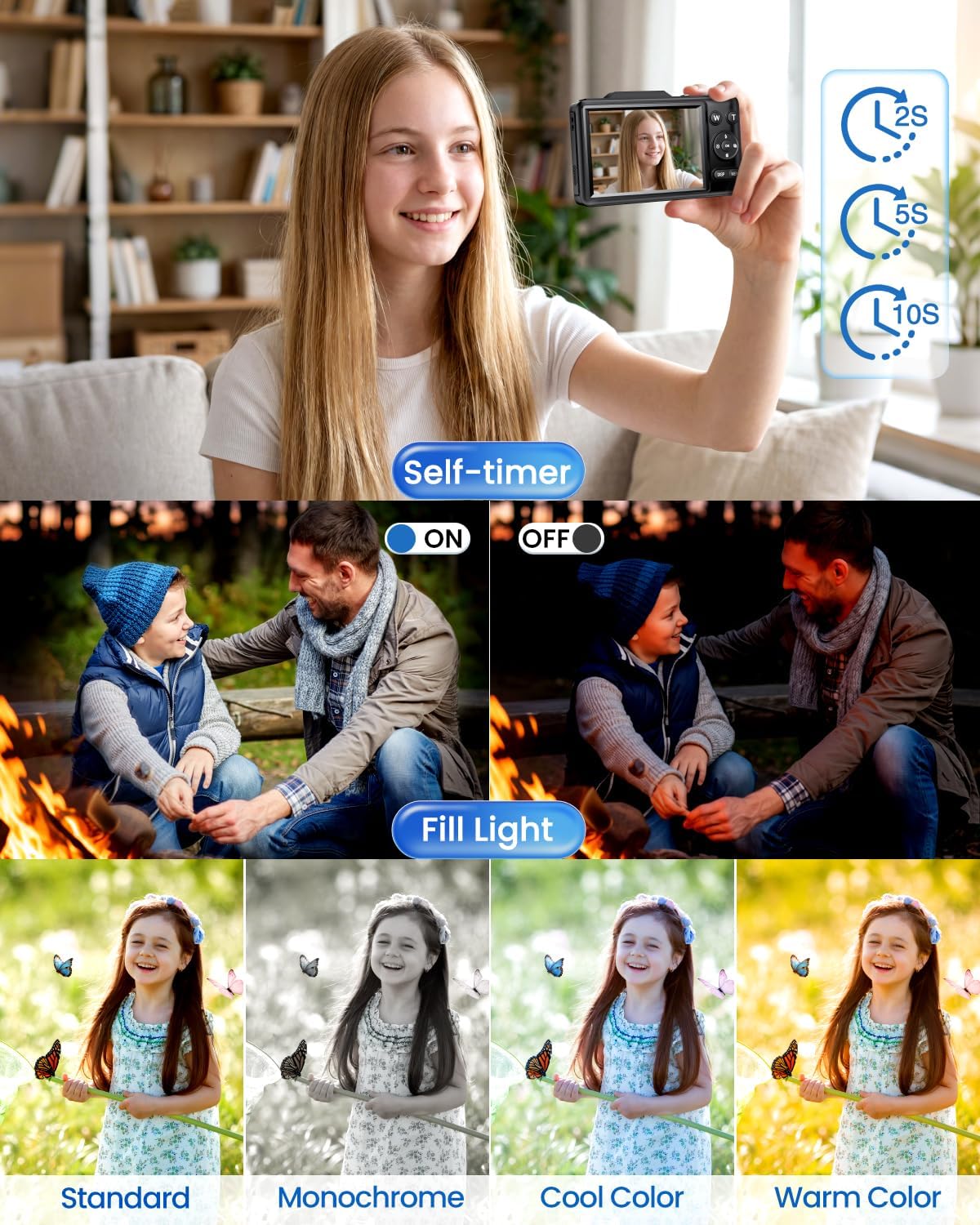 Digital Camera 4K Autofocus Vlogging Camera for Photography with 16X Zoom Anti Shake, 32GB Card, 48MP Compact Portable Point and Shoot Camera for Kids Boys Girls Teens Beginner（Black）