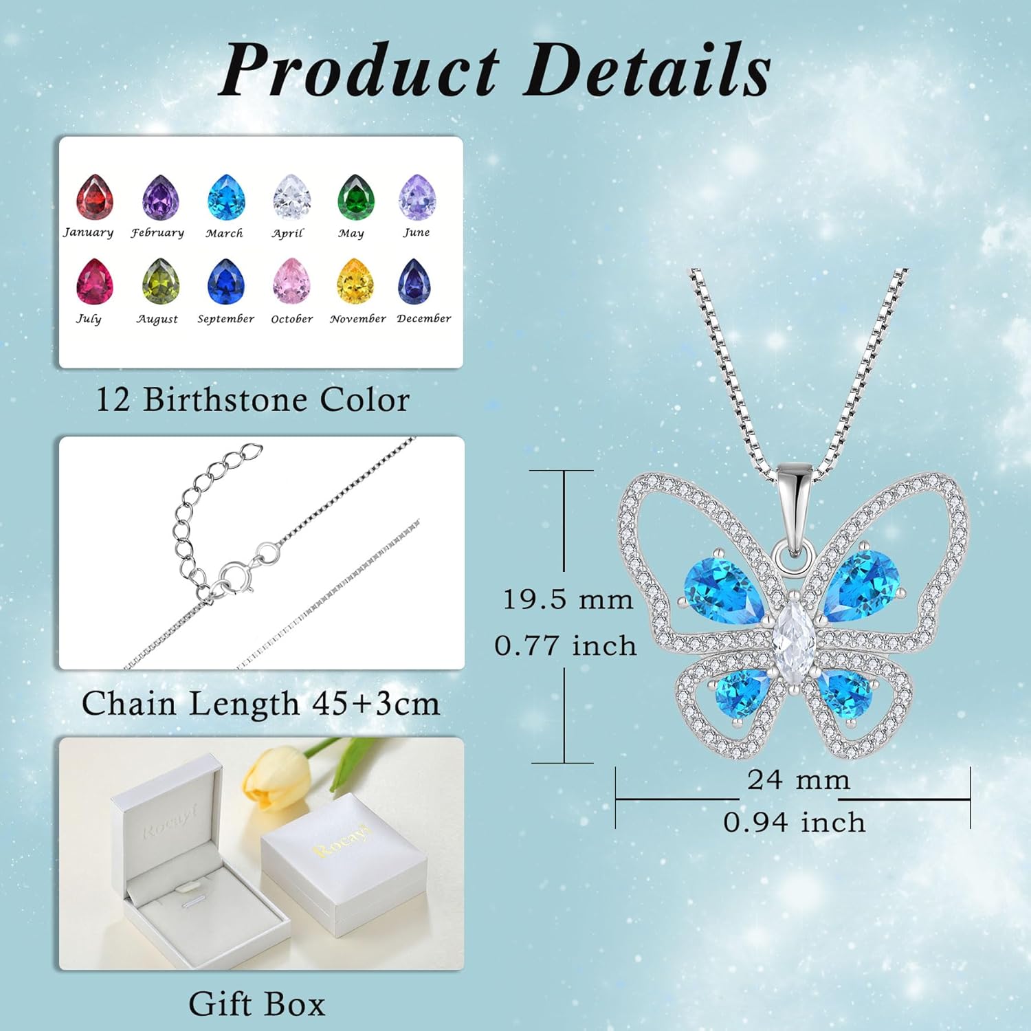 Butterfly Pendant Necklace 925 Sterling Silver Cubic Zirconia Birthstone Jewelry Gifts for Women Wife Mother Her - Image 6