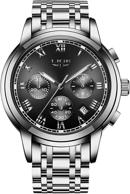LIGE Mens Watches Chronograph Analogue Classic Quartz with Date Waterproof Stainless Steel Casual Gent Male Wrist Watch