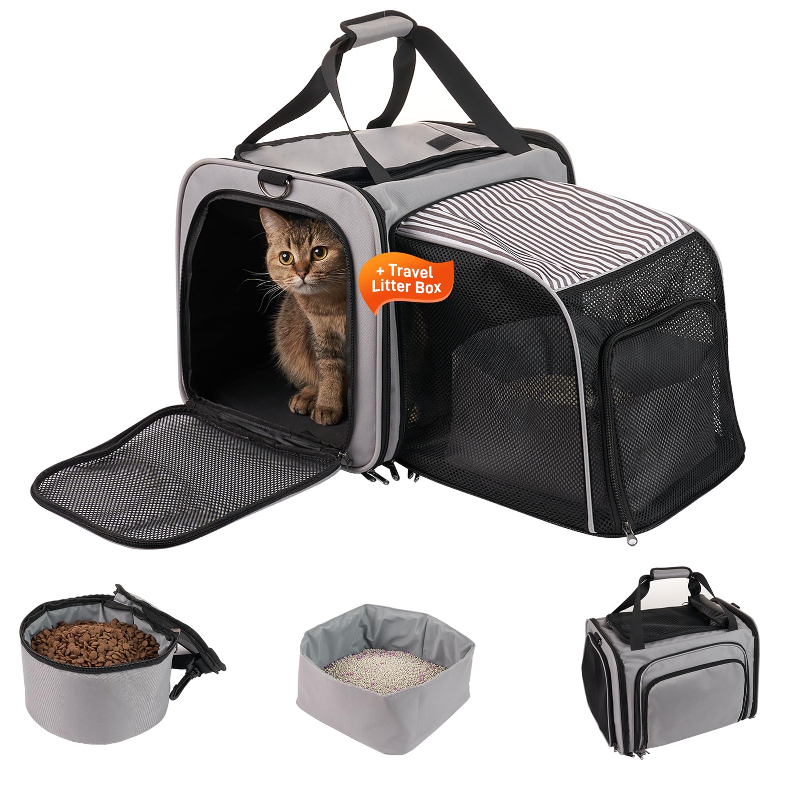 Cat Carrier with Litter Box, Collapsible Soft Sided Pet Carrier for Car Travel, Cat Travel Carrier with Locking Zippers, Expandable Cat Carrier with Food Bowl for Cats/Puppies up to 25 lbs, Grey