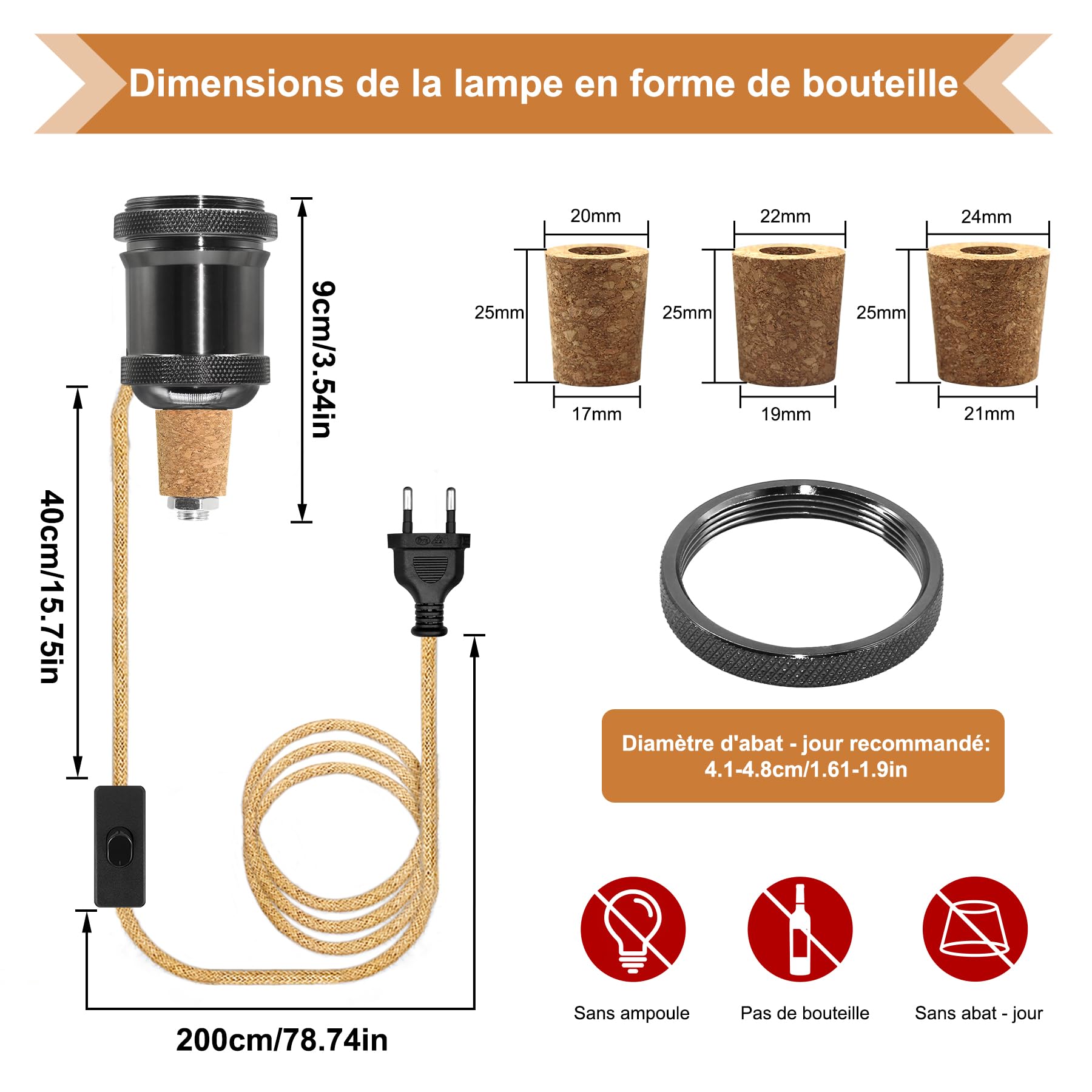 Adaptateur Bouteille pour Douille de Lampe, 240CM Corde de Chanvre Câble, Céramique Douille E27, Support Lampe Bouteille, 3 Bouchons Souples, Kit Lampe Bouteille pour Différent Abat Jour, Noir