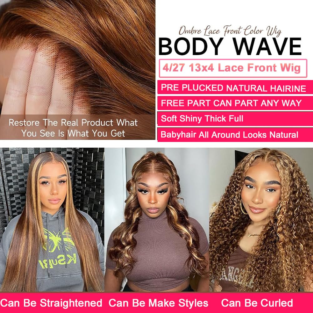 28inch Highlight Ombre Body Wave 13x6 Lace Front Wigs Human Hair Pre Plucked With Baby Hair 4/27 Colored Honey Blonde 180% Density HD Transparent Lace Frontal Wigs Human Hair for Black Women