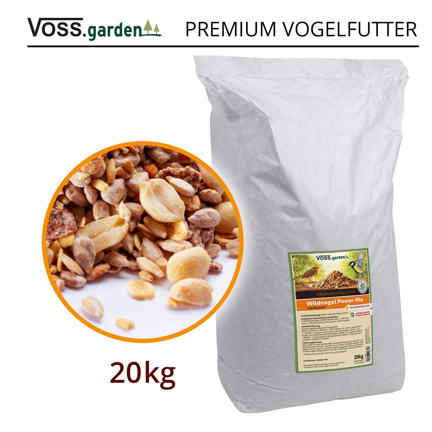 VOSS.garden Wildvogel Power-Mix 20kg Premium Vogelfutter Wildvogelfutter für Vogelhaus, Futterstation und als Streufutter