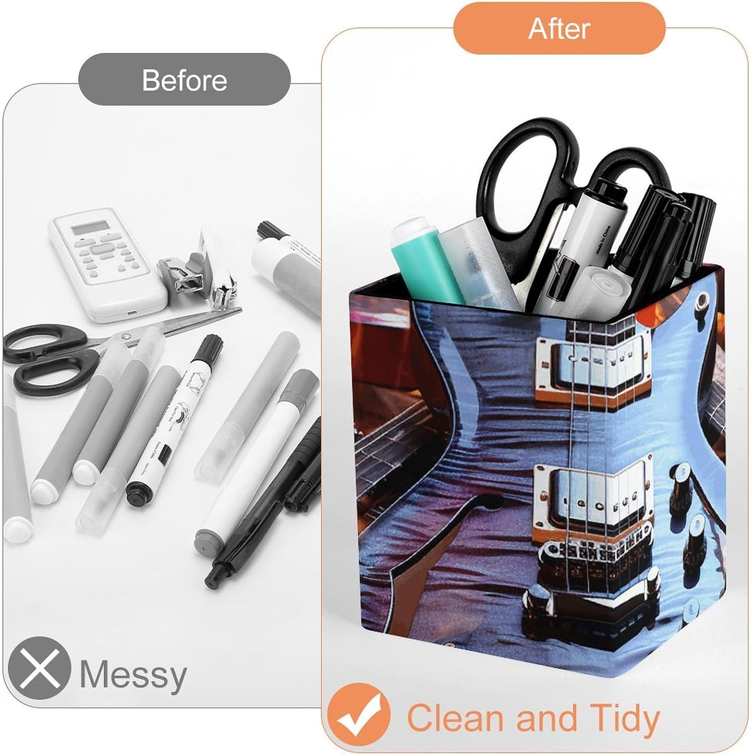 Leather Pen Holder for Desk Organizer Magic Electric Guitar Music Pencil Holder Cute Pencil Cup Decorative Makeup Brush Holder Cup Office Pen Cup Desk Accessories Pen Organizer image 3