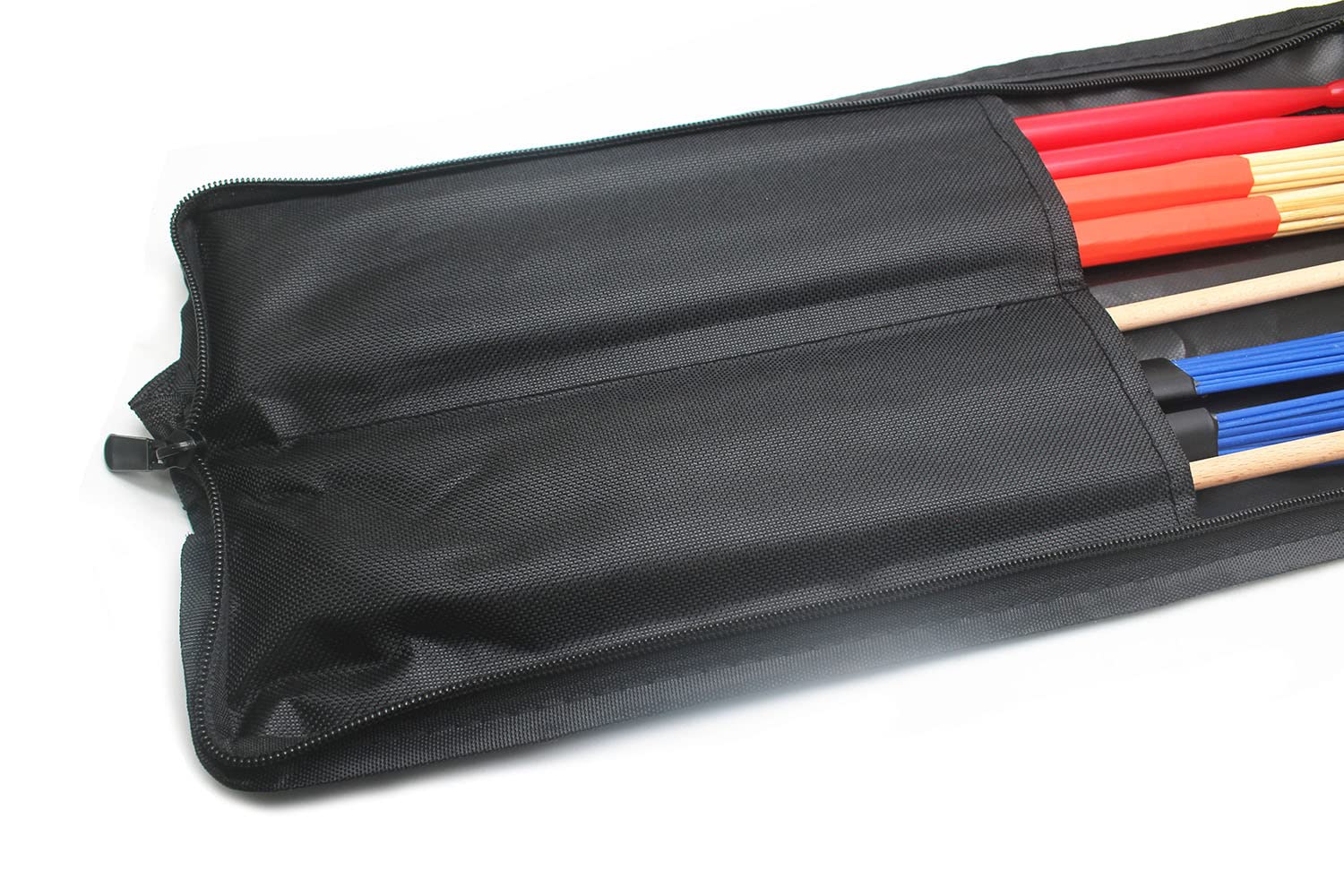 Bolsa colgante para baquetas de tambor con 4 pares de baquetas, incluye cepillos de nailon Jazz + varillas de bambú + baquetas de tambor de nailon 5A + mazos de madera, color rojo