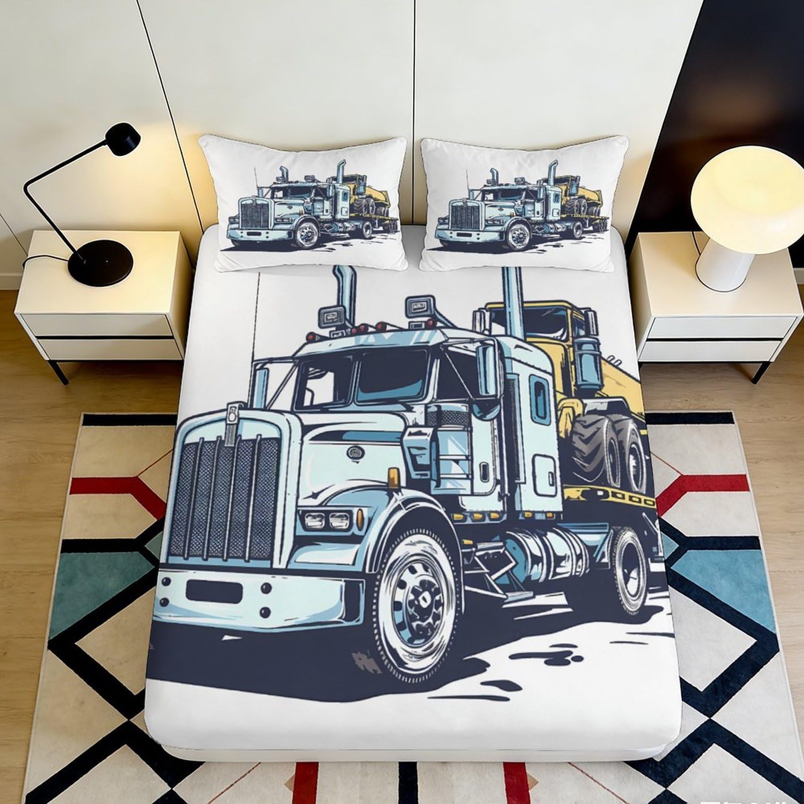 3D Printed Truck Pattern Fitted Sheet Microfiber Durable Soft 3D Printed Heavy Truck Mattress Cover for Bedroom Dormitory Guest Room 140x200x25cm