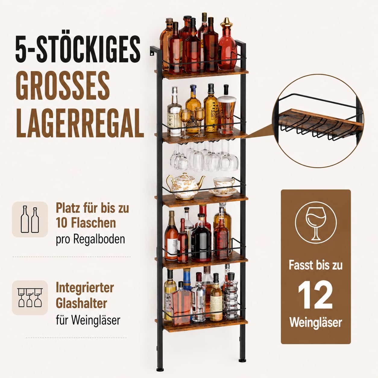 Yorbay 5-Stöckiges Freistehendes Weinregal mit LED-Beleuchtung | Industriestil Flaschenregal mit Glashaltere und Geländer - Schmal Weinständer mit Wandmontage für Küche Esszimmer Bar