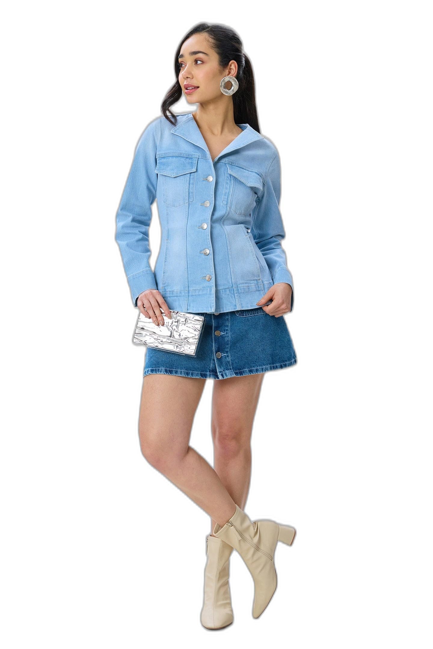 virgio Women’s Tailored Faded Denim Blazer – Regular Fit Winter Airport Look Jacket with Chest Pocket & Partial Lapel Collar, Preppy Denim Style, Button Closure, Casual Workwear-picture-25