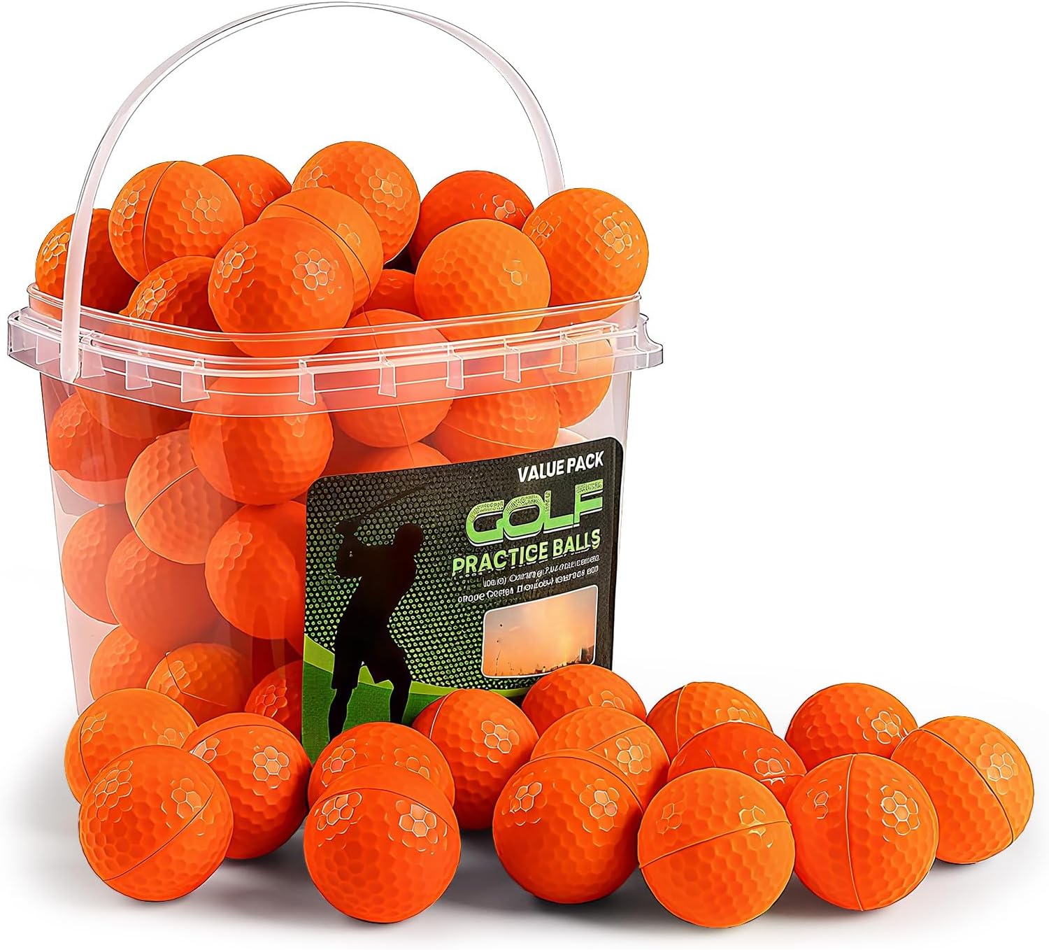 FINGER TEN Golf Practice Balls with Bucket Value 50 Pack, Soft Foam with Limited Flight for Safe Practice, Orange Yellow Pink Bright Colors for Indoor Outdoor Backyard Pool Use