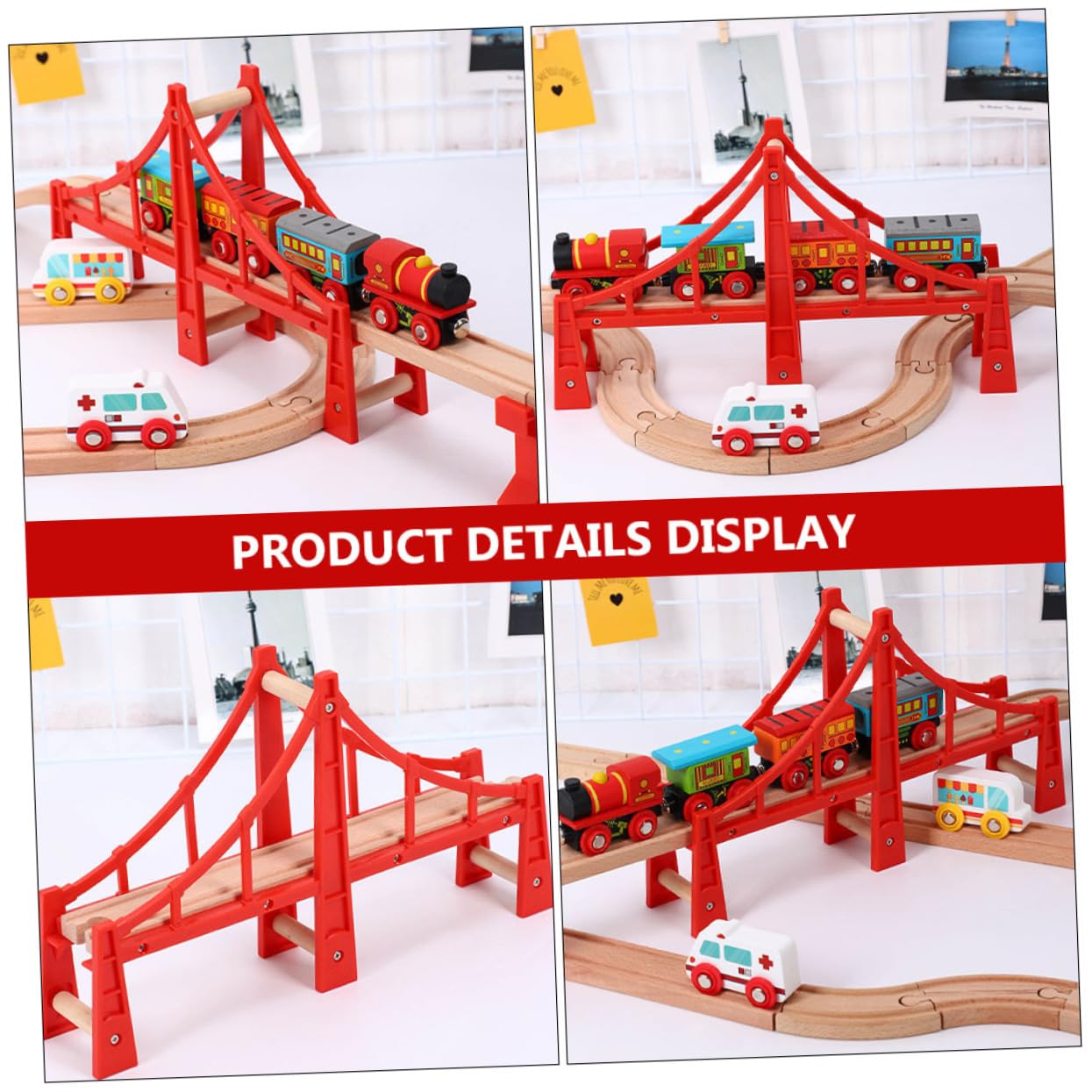 Pont Ferroviaire Surélevé Pendant la Saison des Fêtes en Bois Rouge Compatible Tous Jouets de Voies Ferrées Accessoire pour Circuits Garçon et Filles