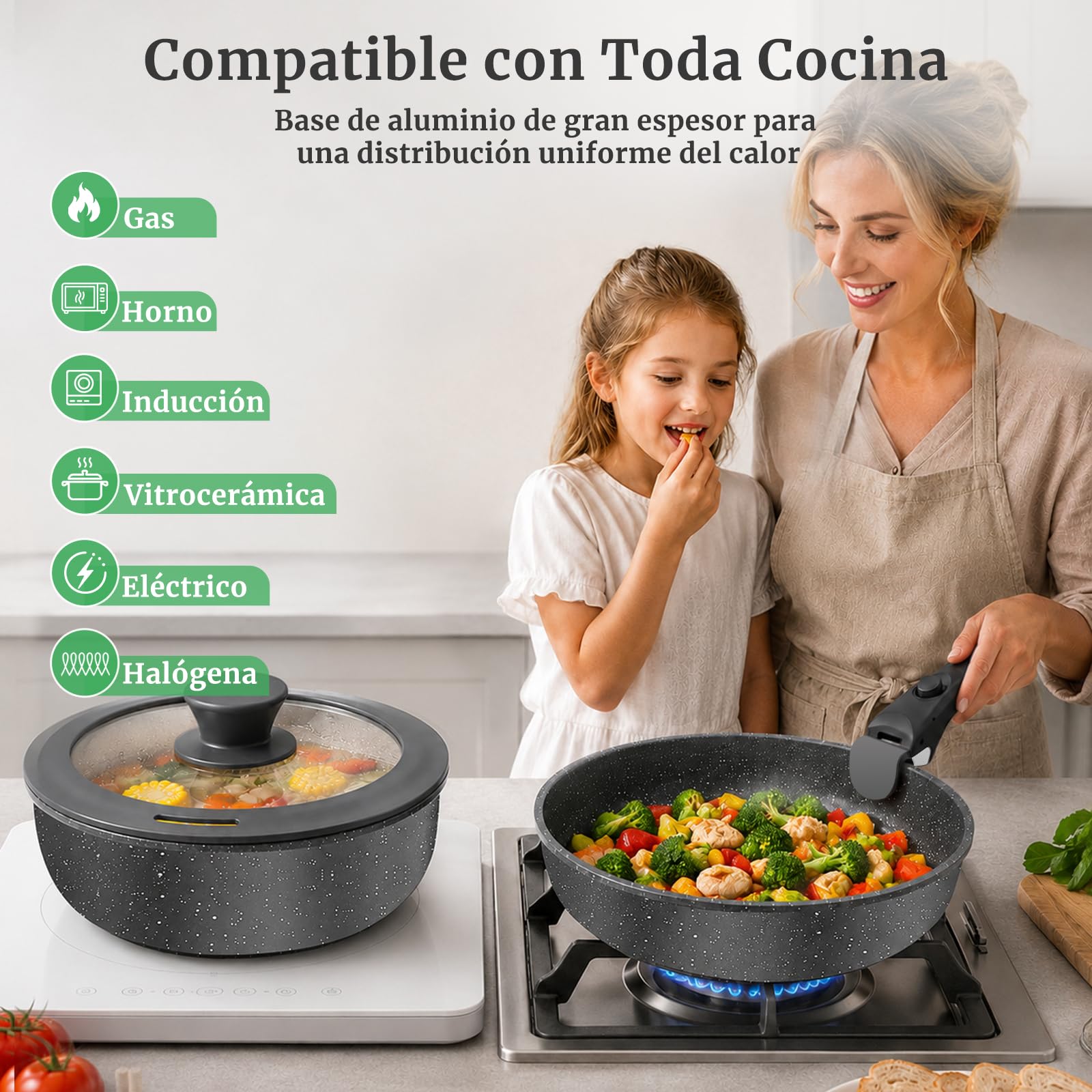 YASHE Batería de cocina 21 piezas, inducción, atóxica, sin PTFE ni PFAS | Juego de Sarténes y Ollas Atóxica con Mango Extraíble, Ollas Apilables, Juego Ahorrador de Espacio para Caravana, Sin PFOA