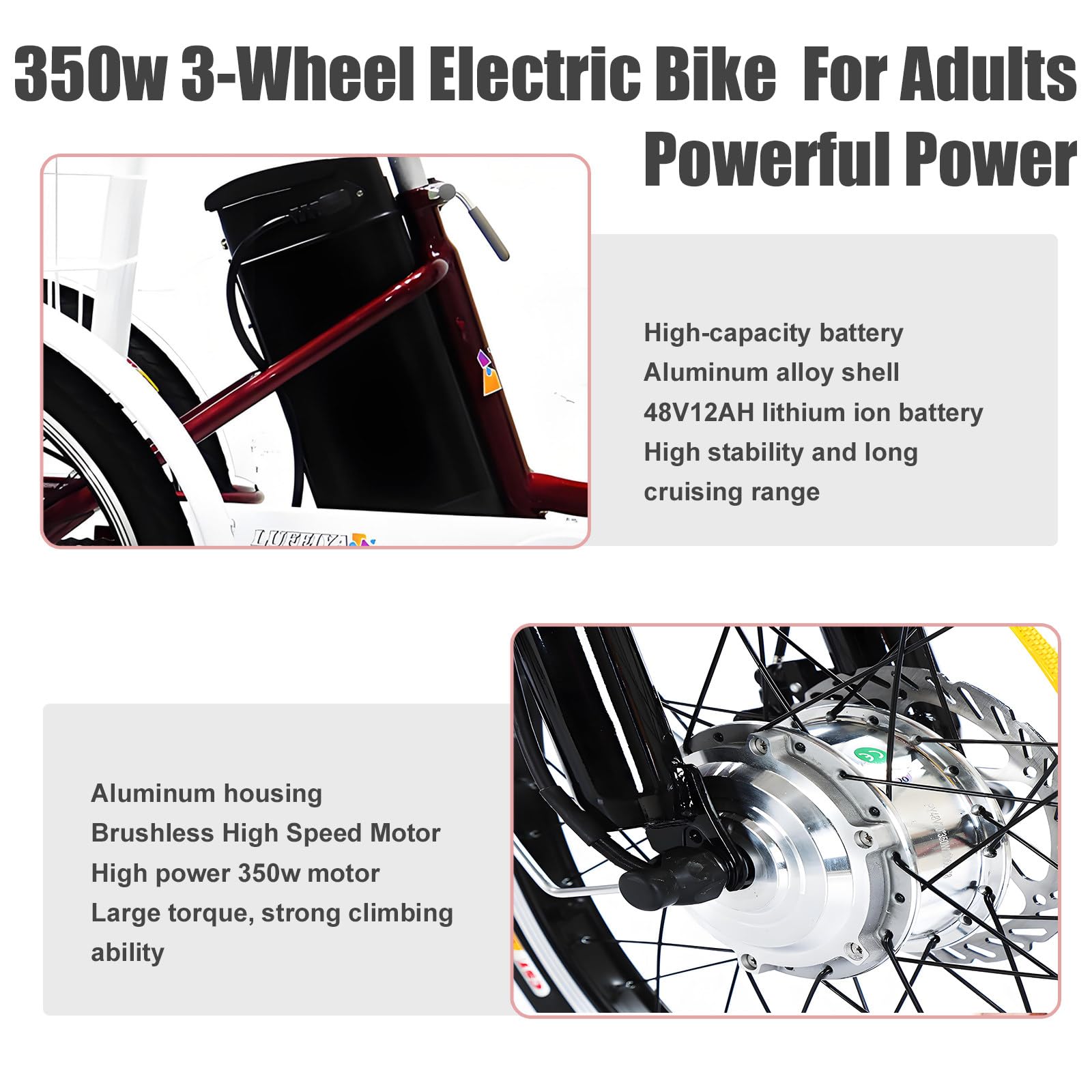 Triciclo elettrico per adulti, motore da 350 W, batteria rimovibile da 48 V, pneumatici da 20 pollici, telaio a scavalco basso, ampio cestino posteriore.
