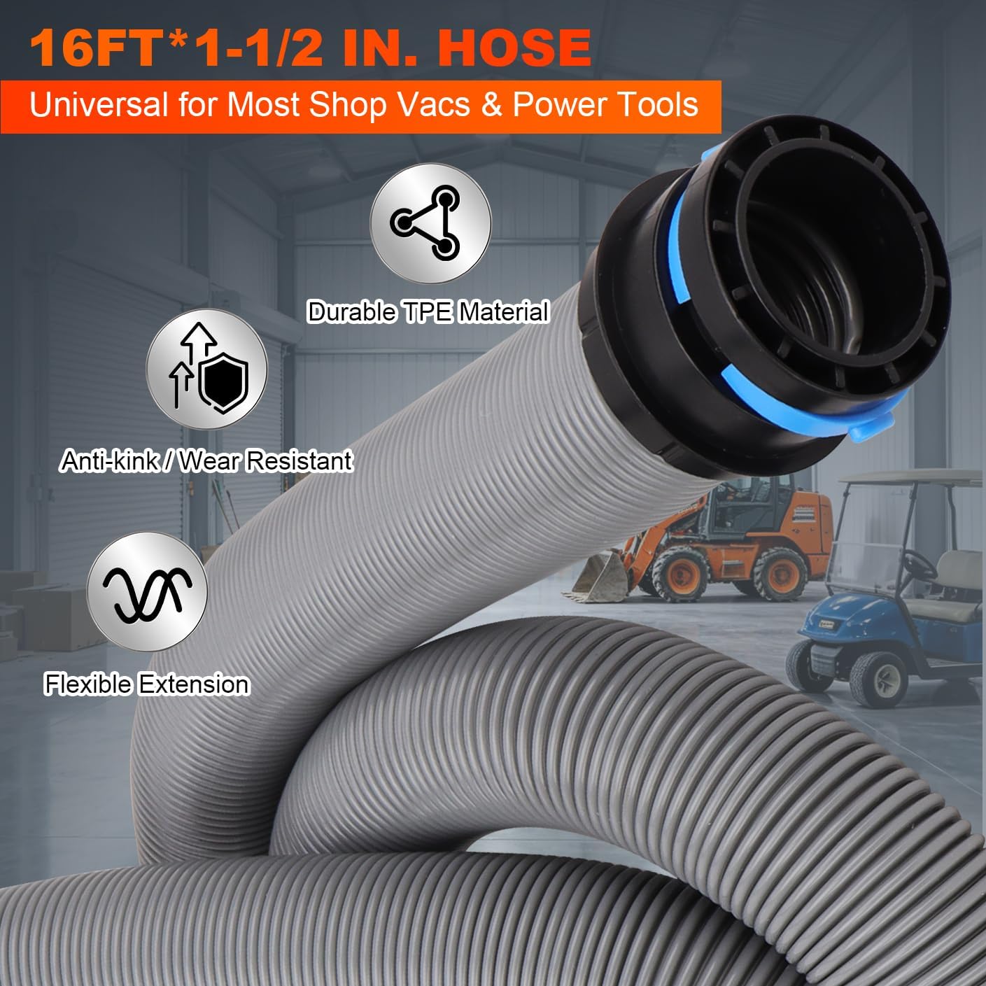 Commercial Dust Collection Hose Kit: 16.4FT Shop Vac Extension TPE Hose With 6 Adapter For Shop&Home Vacuums System - 1.1/2 Inch Hose Compatible with Woodworking Power Tool & Sander