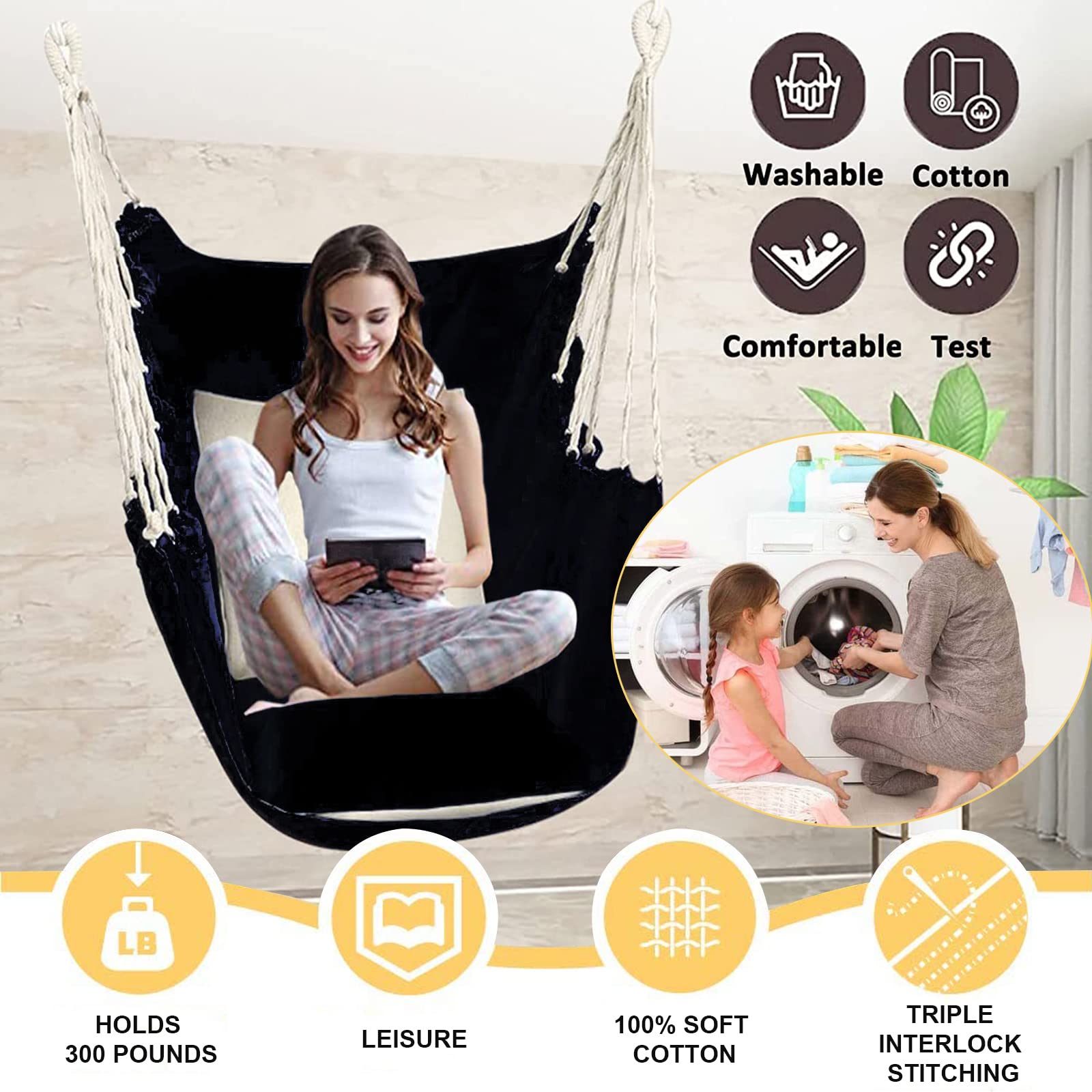 Hamaca Silla Columpio Algodón Interior Exterior Hamaca Colgante para Silla Asiento Hogar 2 Cojines incluidos para Niños y Adultos para Terraza Jardín Patio (I)