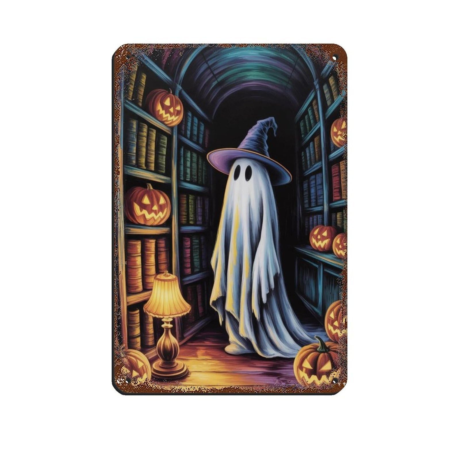 Ghost Witch & Pumpkin in A Library Poster Retro Poster Metal Tin Sign Chic Art Retro Iron Painting Bar People Cave Cafe Family Garage Poster Wall Decoration 8x12inch(20x30cm)