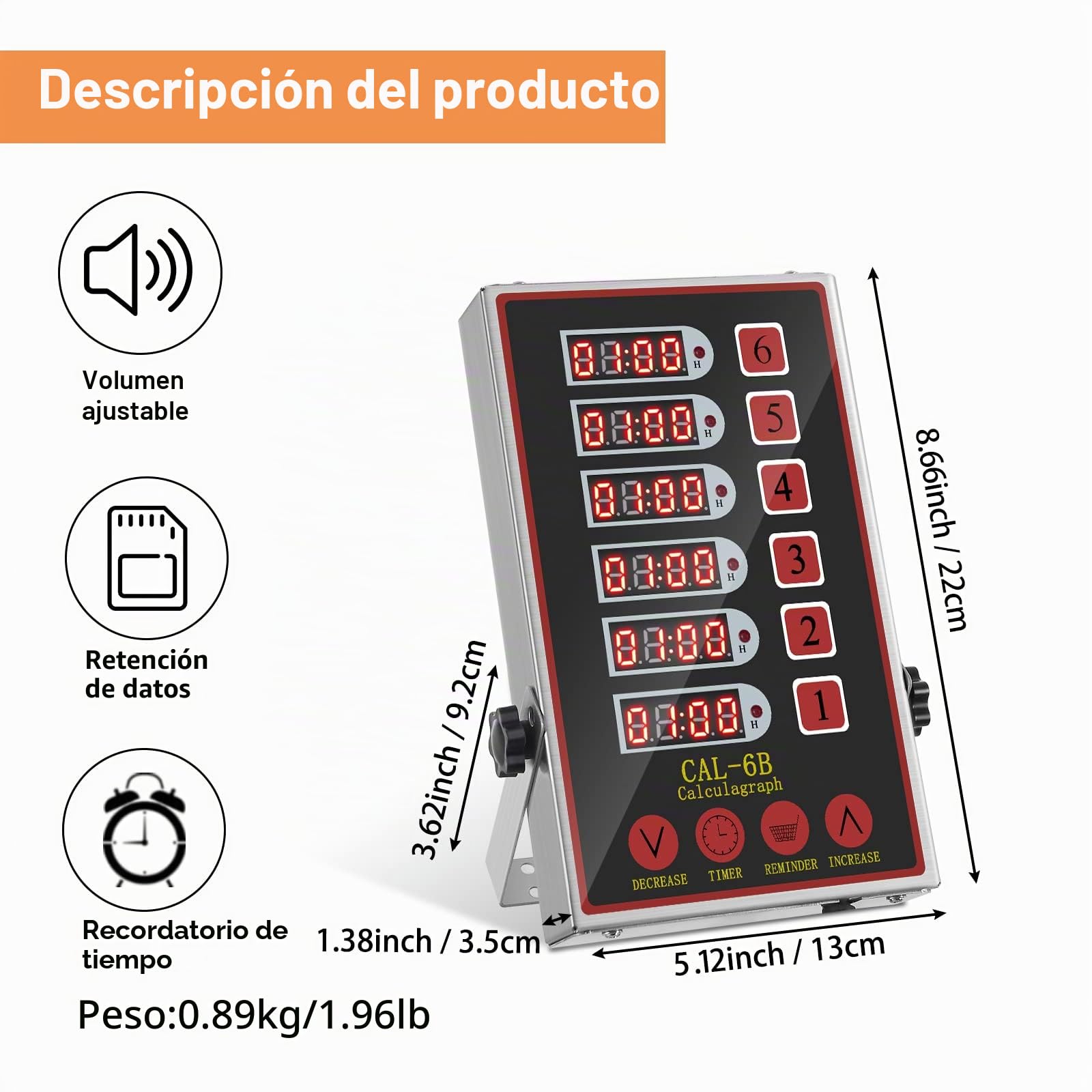 Temporizadores de Cocina de 6 Canales, Reloj de Cocina para Restaurantes Comerciales, Cronometro Digital Profesional, Pantallas LED, Fuertes Sirenas, Volumen Regulable, Función recordatorio