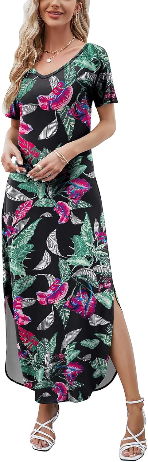 HUSKARY Women's Summer Maxi Dress Casual Loose Pockets Long Dress Short Sleeve Split Maxi Dresses - Image 2