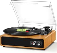 FYDEE Bakelit Lemezjátszó Beépített Sztereó Hangszórókkal, 3 Sebesség 33/45/78 RPM, Bluetooth Kapcsolat, RCA Kimenet, Fa Színű Retró Dizájn 1