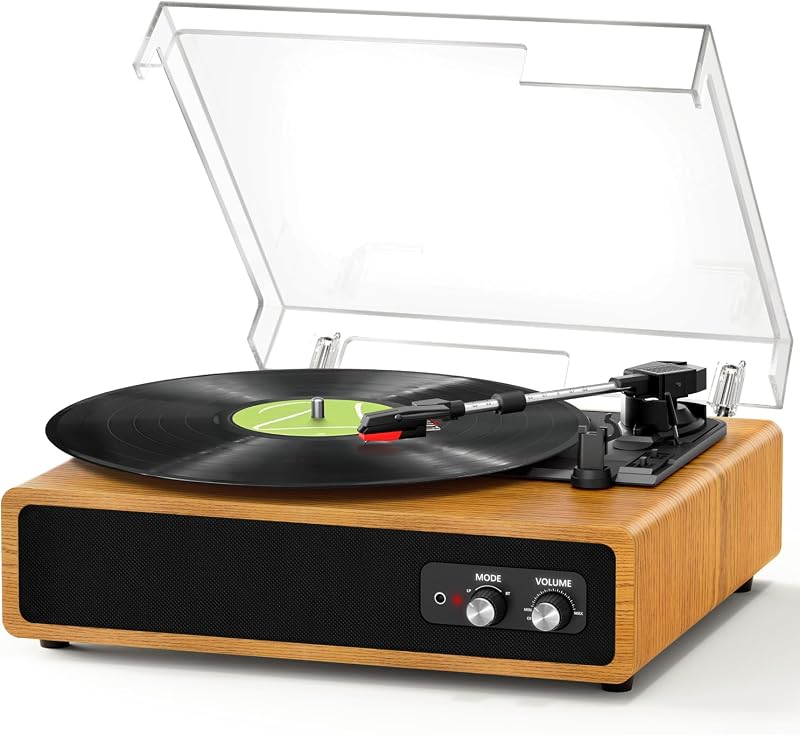 FYDEE Bakelit Lemezjátszó Beépített Sztereó Hangszórókkal, 3 Sebesség 33/45/78 RPM, Bluetooth Kapcsolat, RCA Kimenet, Fa Színű Retró Dizájn