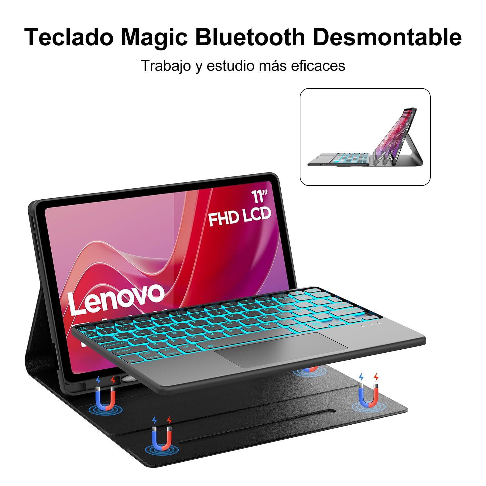Teclado para Lenovo Tab M11 11" 2024 con Retroiluminado y Touchpad, Negro | Teclado Bluetooth Retroiluminado 7 colores Desmontable con Funda Delgada y Touchpad para Tablet Lenovo M11 TB330FU/TB330XU