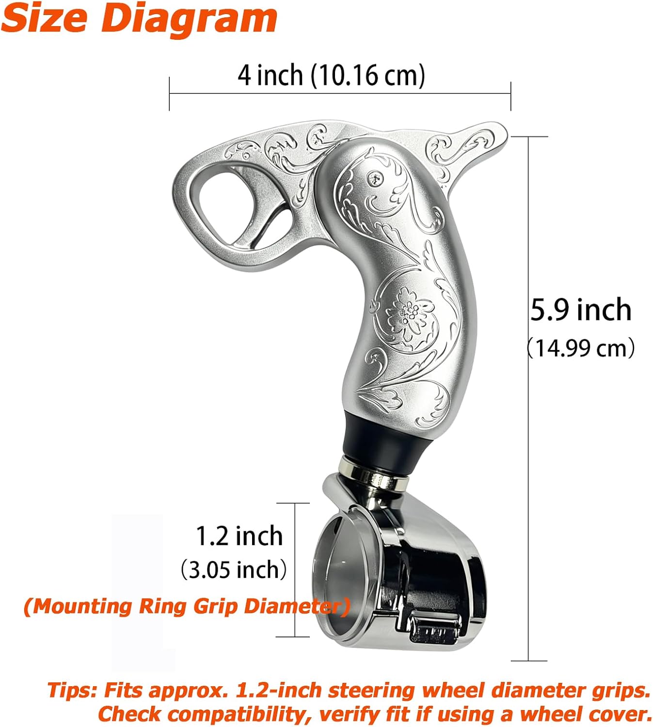 Car Steering Turning Assist Booster Cool Style Wheel Suicide Knob Spinner Grip Handle Fit Most Agricultural Tractors Forklifts Lawn Mowers Boats, Silver
