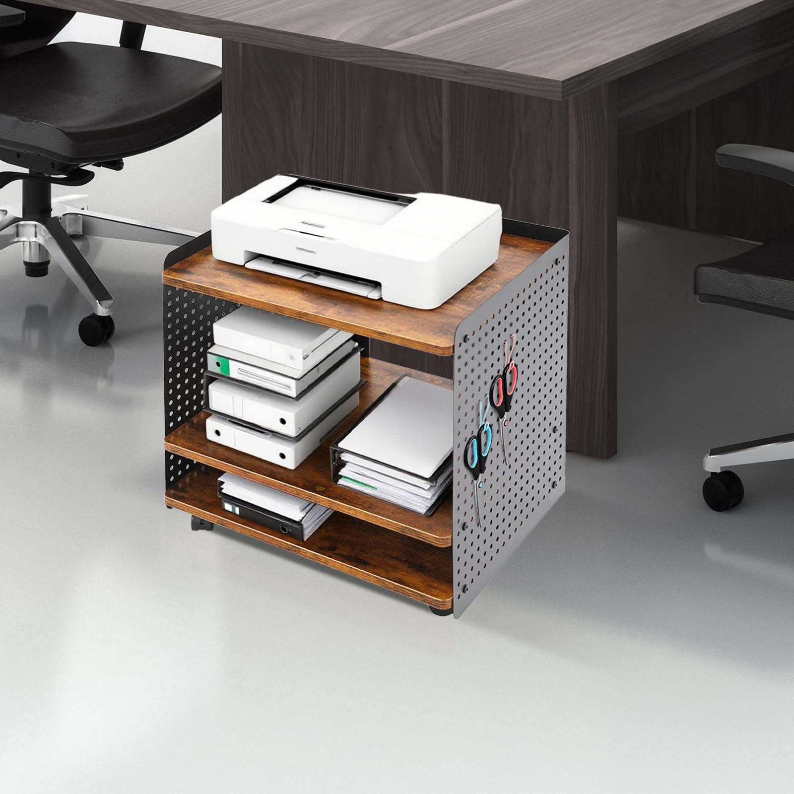 SHZICMY Mesa de impresión con ruedas, soporte para impresora con estantes ajustables y ruedas bloqueables, diseño moderno, 50 x 39 x 50 cm, para oficina, fax, fotocopiadora (marrón)