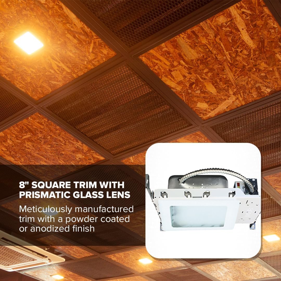ELCO Lighting 8" Square Trim with Prismatic Glass Lens, Recessed Ceiling Light Cover, 42W, E26 Base, White Finish