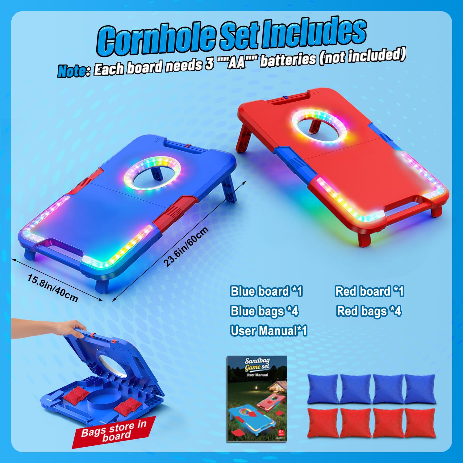 Jeu de Cornhole Illuminé avec Effets Sonores, 2 Planches Pliables & 8 Sacs de Fèves, Jeu de Lancer Portatif pour Extérieur,Jouets pour Fêtes dans la Cour & Camping,Cadeau pour Enfants et Famille,6-12+