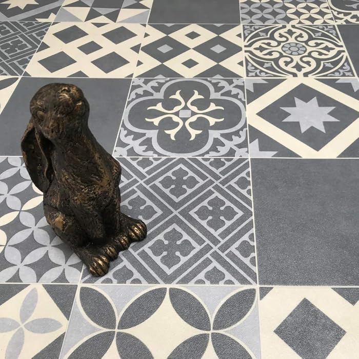 Buy Victorian Tile Effect Sheet Vinyl Flooring Blue Geometric Patterned