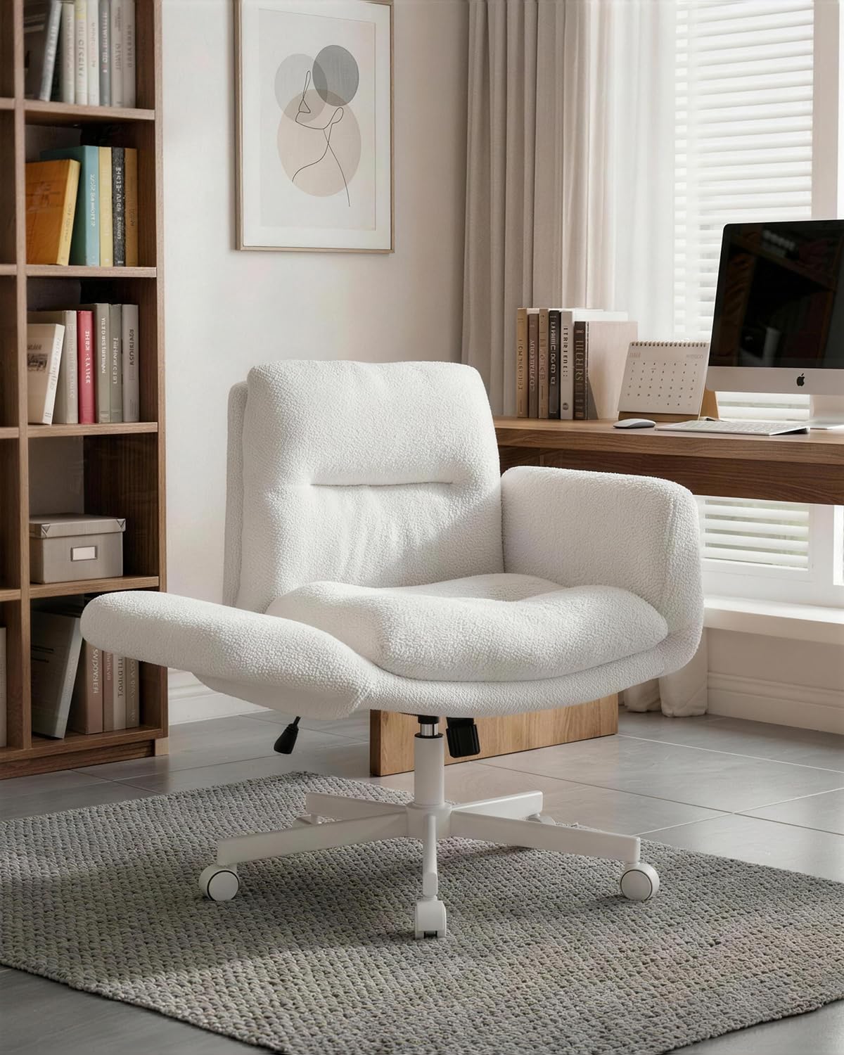 Karl home Multi-Functional Flip Armrests Office Chair, Ergonomic Criss Cross Desk Chair with U-Shaped Wide Seat, 5 Locking Positions Armrests, 120° Rocking Back, 360° Swivel& Easy Storage(Teddy White)