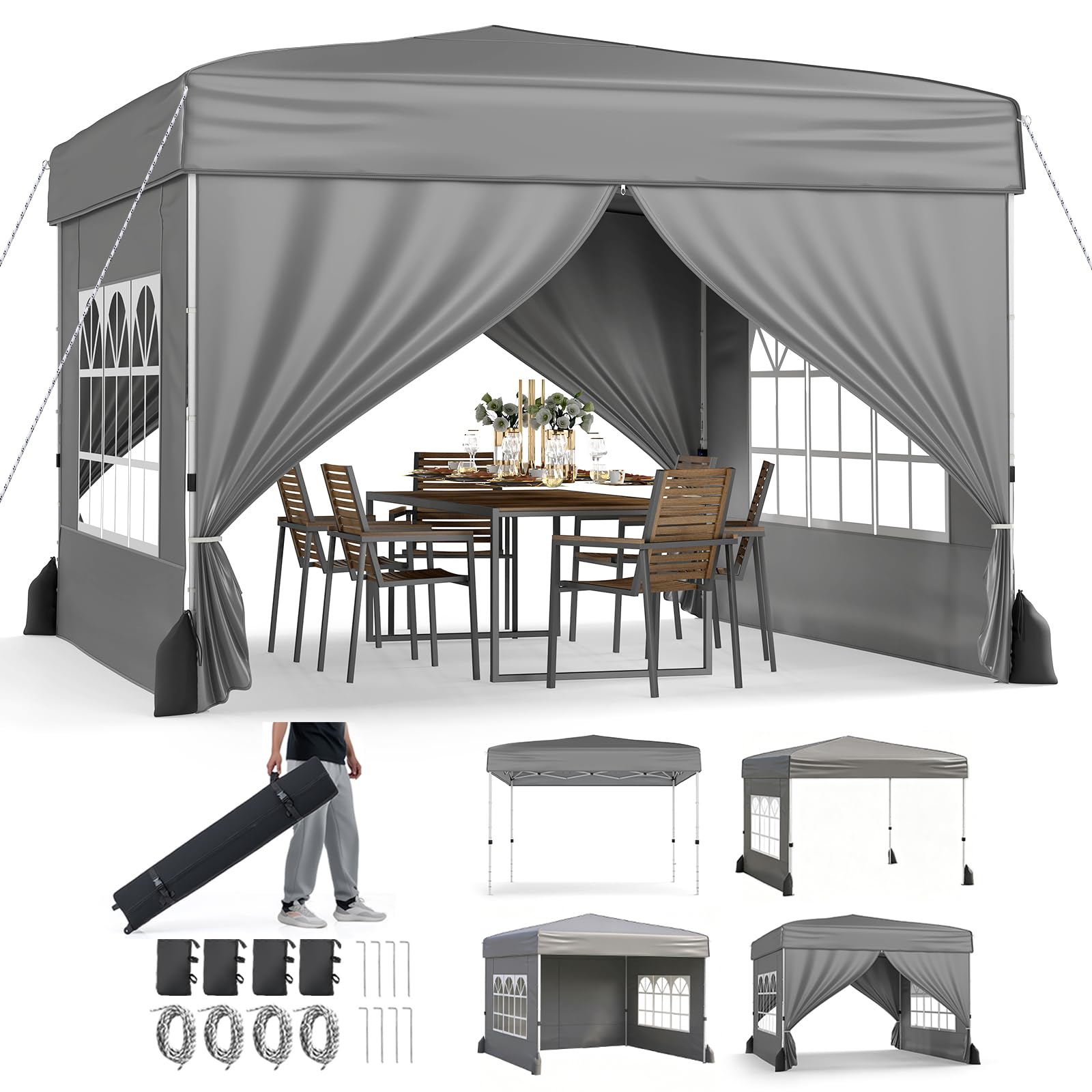 RELAX4LIFE Tonnelle Pliante 3x3 avec Parois, Barnum Pliant 3x3 pour Jardin/Marché/Camping, Cadre en Acier au Carbone, Tissu Oxford Argenté, Gazebo Tente de Réception avec Sac à roulettes (Gris)