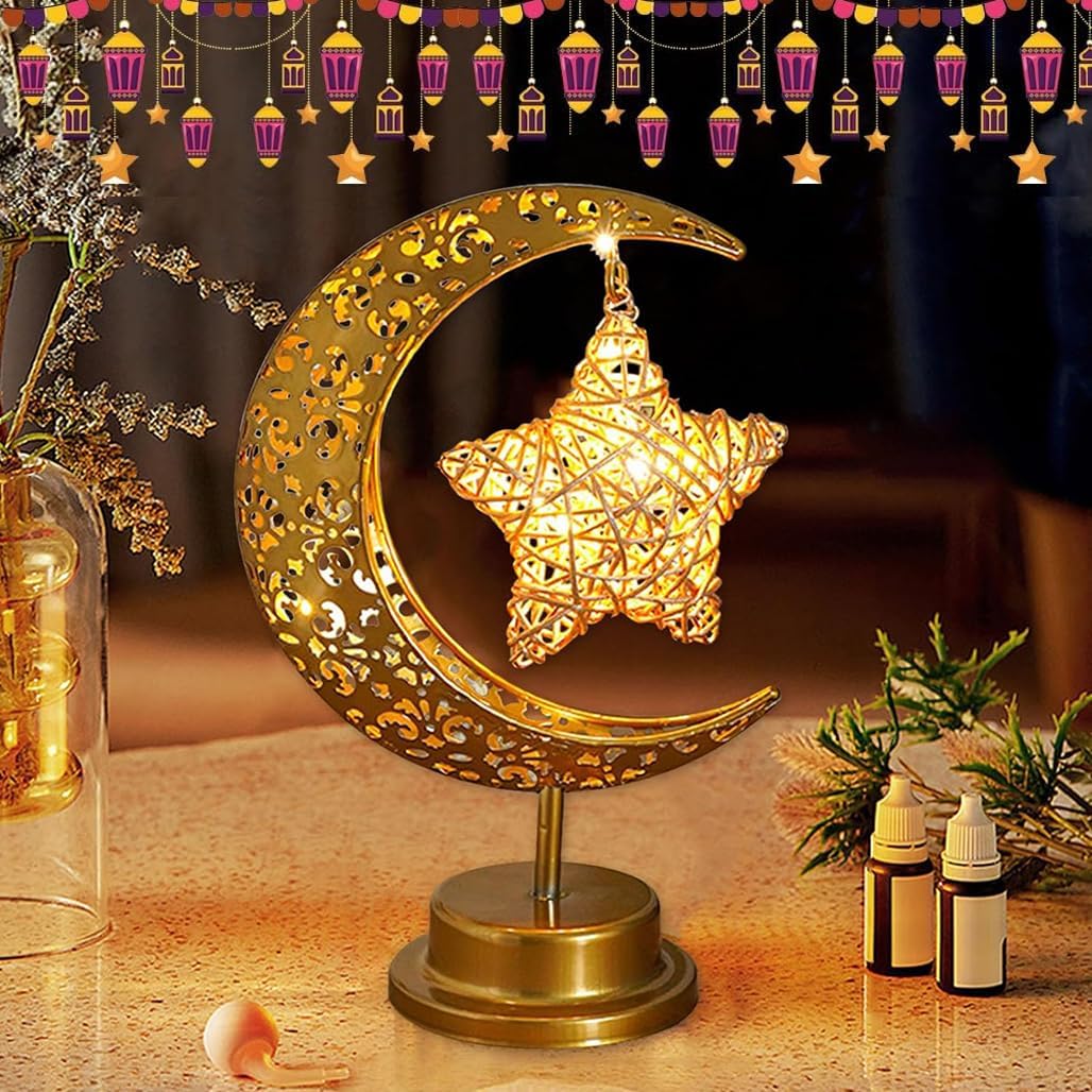 Ramadan Decorations Night Lights LED Moon Star Decorative Table Lamp, Iron Art Eid Mubarak NightLight, Bedside Table Light for Home Garden Living Room Bedroom Nursery Party Ramadan Decor (star1)