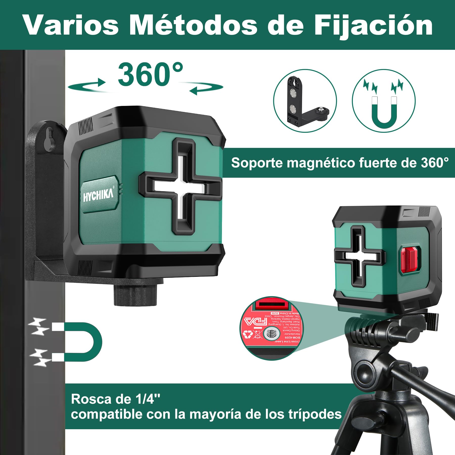 HYCHIKA Nivel Láser Autonivelante 15M, Nivel Laser Verde Ajustable con 3 Niveles de Brillo, Laser Autonivelante Uso Interior y Exterior, Soporte Magnético 360° Rotación 2 Batería Incluida