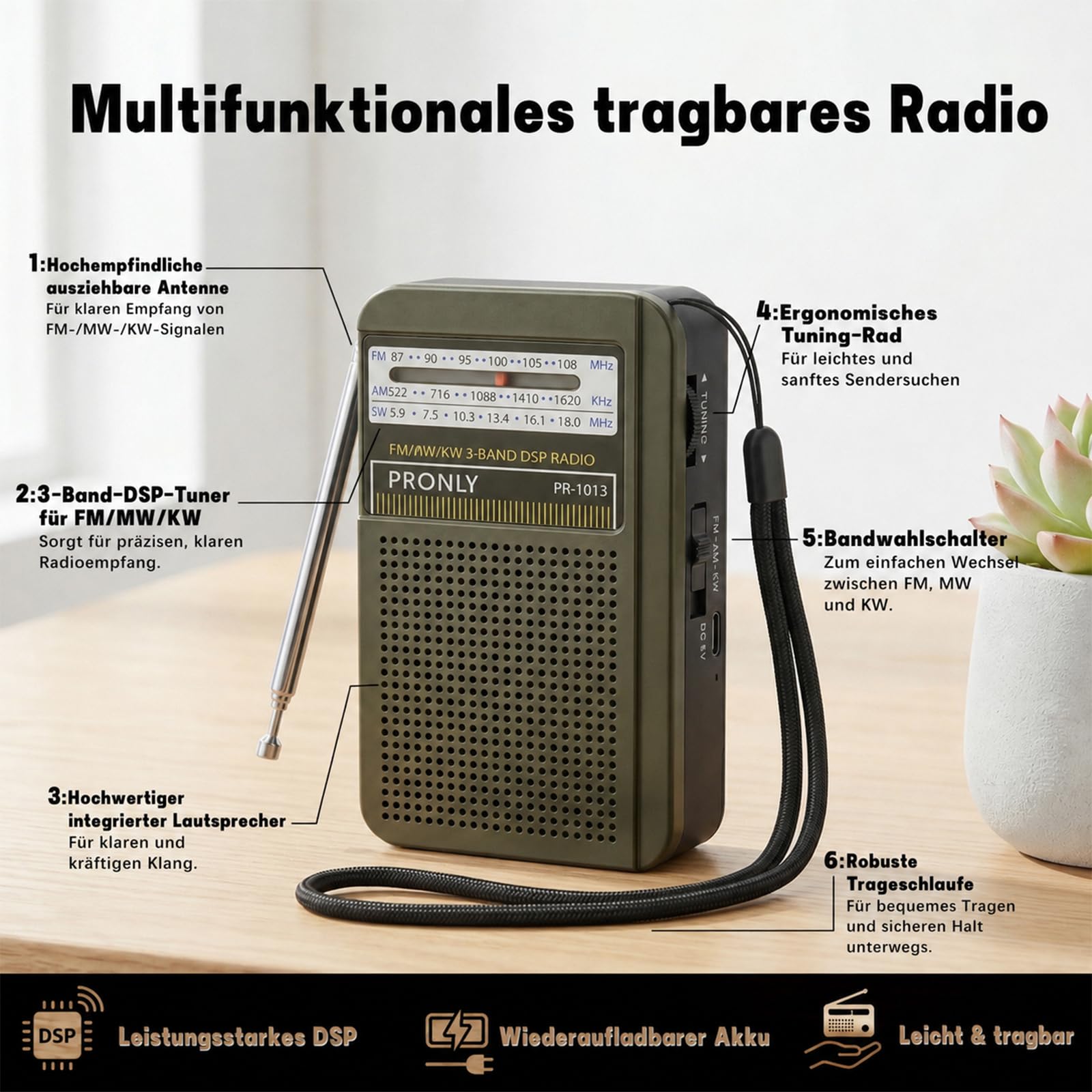 Portable AM FM Radio, Mini Radio Batteriebetrieben mit Integriertem Lautsprecher, Kopfhöreranschluss, USB-C-Ladung, Transistorradio für Zuhause, Reisen und Camping, Grau (PR-1013)