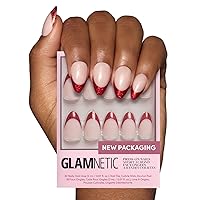 Vista 1 de Glamnetic Uñas a presión – Red Affair Uñas cortas de punta francesa con purpurina roja almendra con un acabado brillante 15 tamaños – Kit de 30