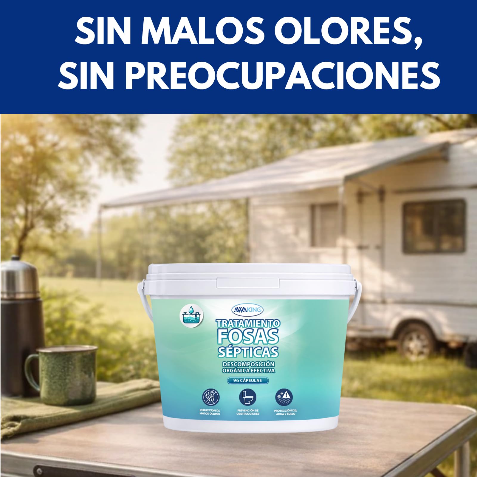 AWAKING Tratamiento Fosas Sépticas 96 Cápsulas | Pastillas con Bacterias Activas | Mantenimiento Mensual y Eliminación de Olores | Fácil Uso en Tuberías y WC | Dosis Pre-medidas