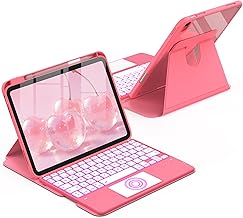 CACOE 360° Rotating Keyboard Case for iPad (A16) 11/10 Generation (11"/10.9") (2025/2022) with Touchpad, 7 Color Backlit, Removable Wireless Keyboard with Stand, Watermelon Pink