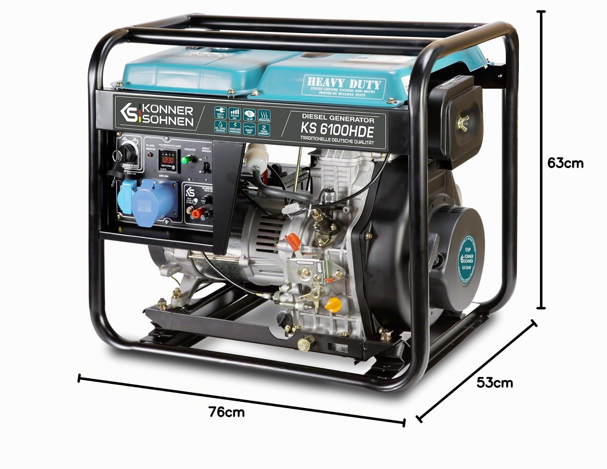 Könner & Söhns KS 6100HDE - Generador de corriente 5500 W 12 CV, motor diésel de 4 tiempos, cobre, arranque eléctrico, precalentador, AVR, generador para uso doméstico y comercial