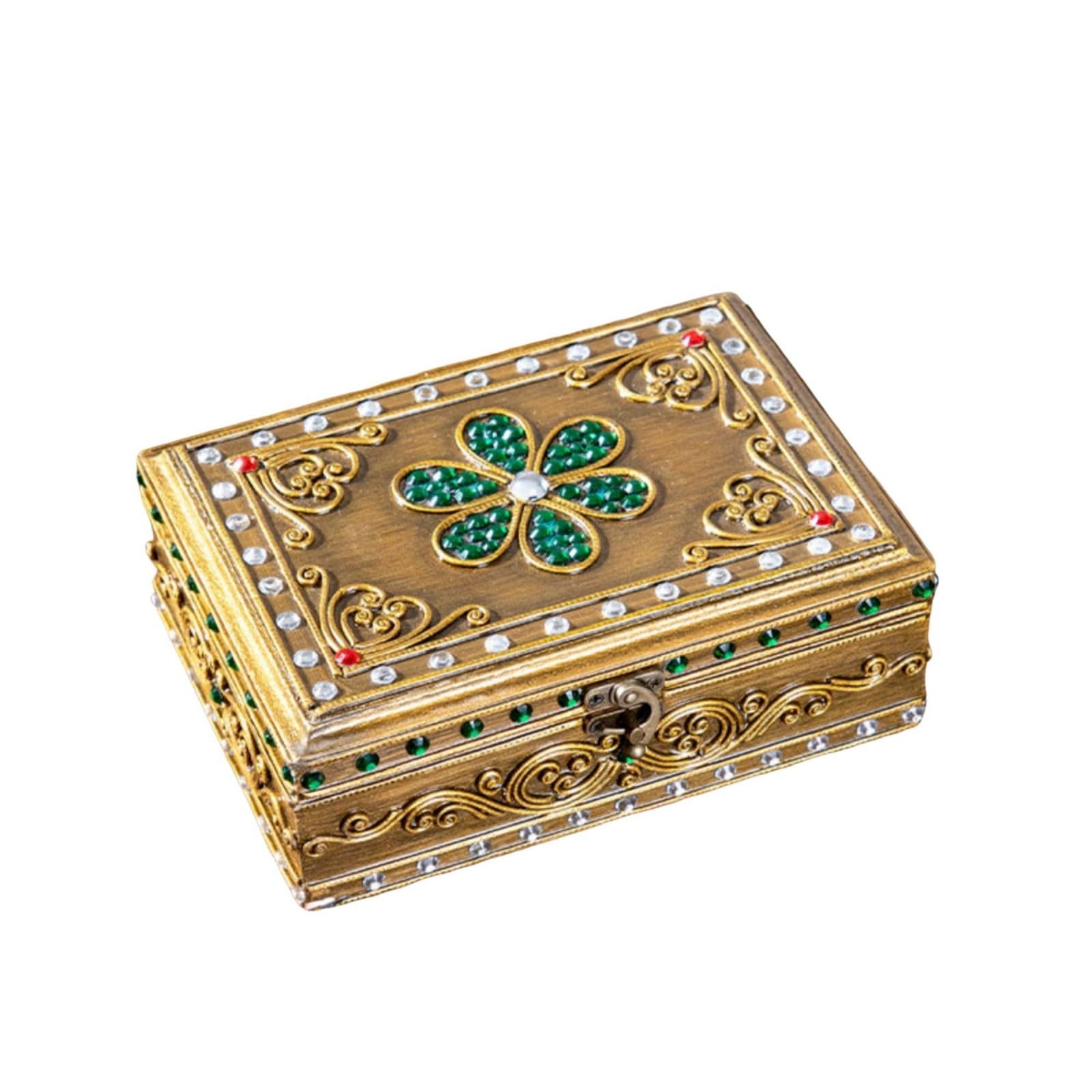 Joyero Vintage Joyero Ornamental Caja para Mujeres, Oro Con Flor Verde, Caja De Almacenamiento De Joyas Vintage Con Incrustaciones De Diamantes Y Flor Verde