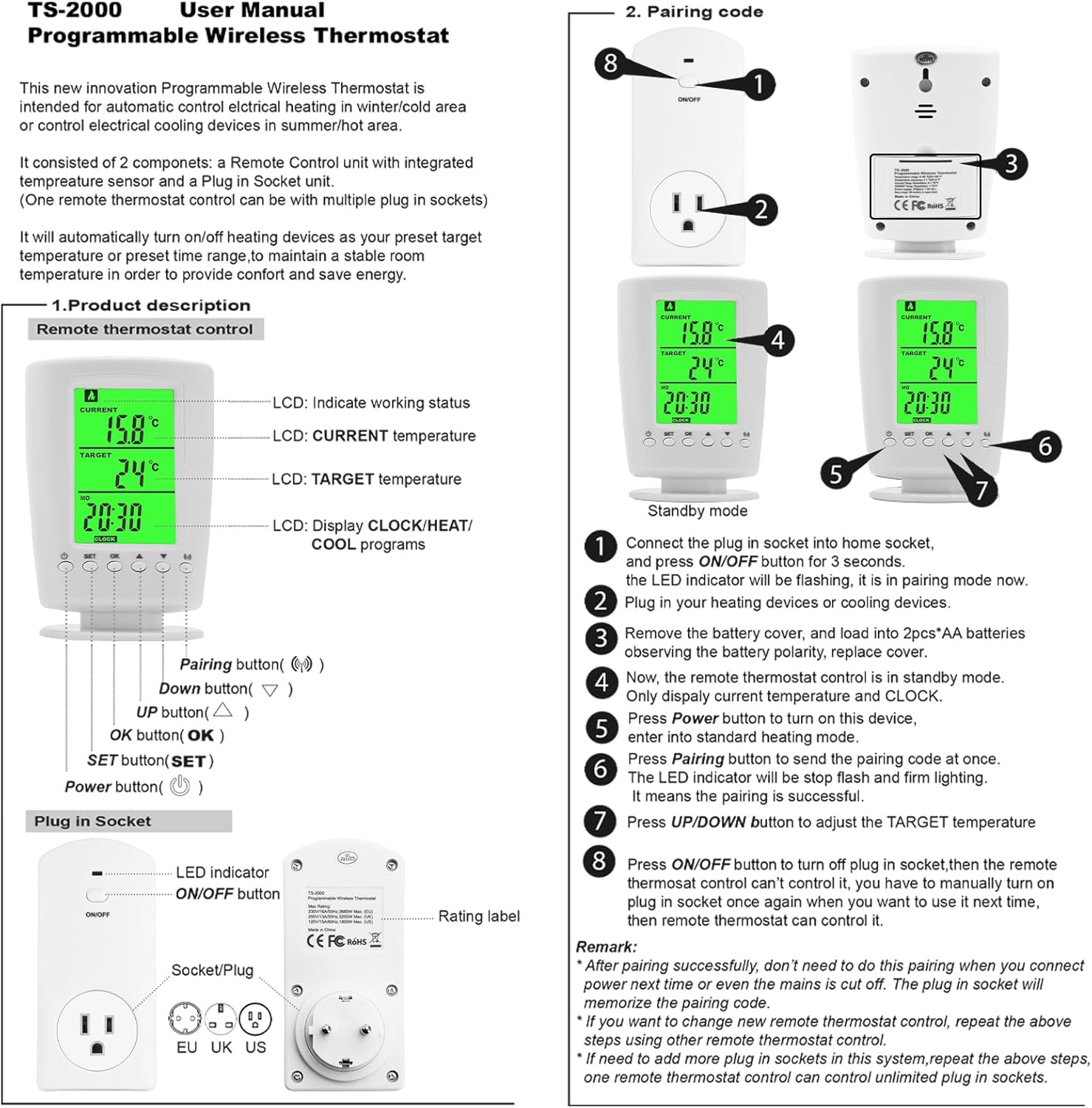 Diymore WTC100 Wireless Thermostat - Digital Temperature Controller Outlet, Plug-in Heating & Cooling Control (32-140°F), 230V with Remote Sensor 8 71PMsWZaVbL. AC SL1500