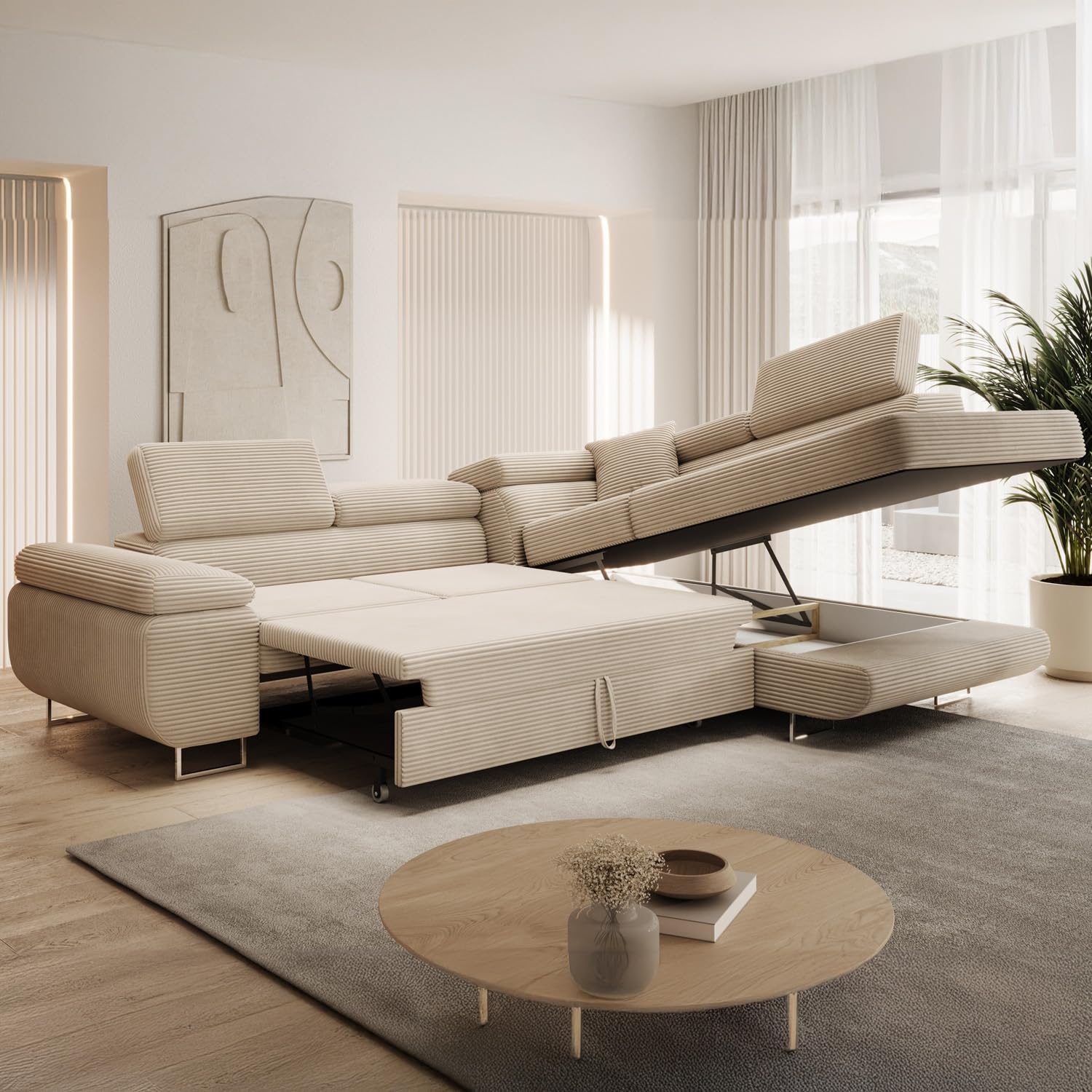 INTENSE DECO Canapé d'angle Droit Convertible Marius Velours côtelé Beige