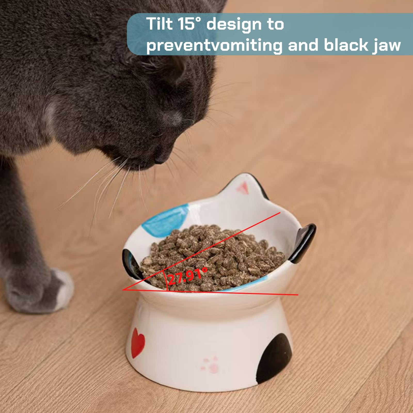 Ceramic Cat Feeder, Elevated Cat Feeding Bowls with Stand Tilted, Neck Protective for Pets 15° Tilted Raised Feeder - Image 4