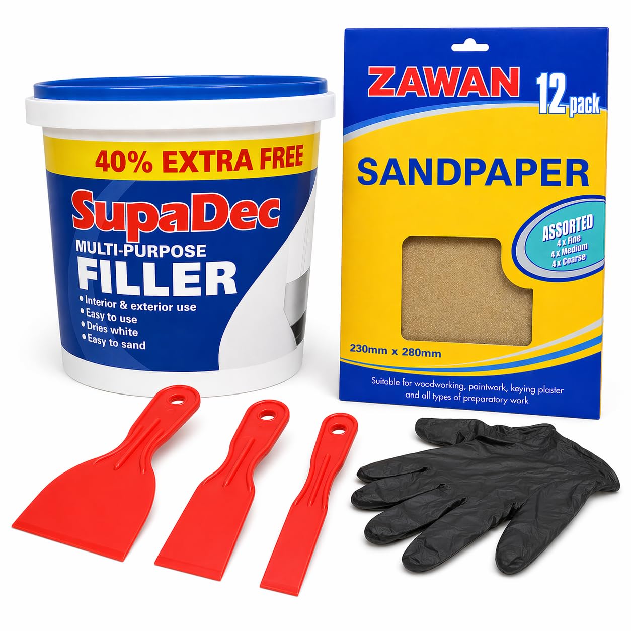 Wall Repair Paste 1.4kg | Wall Filler Ready Mixed For Holes & Gaps Bundle With Zawan 12 Assorted Sand Paper Gloves, Plastic Filling Tools Complete Wall Repair Kit | All Purpose Filler For Walls & Wood